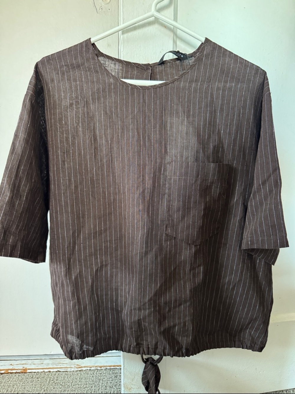 Zara Brown Linen Pinstripe Women's Short-Sleeve Blouse
